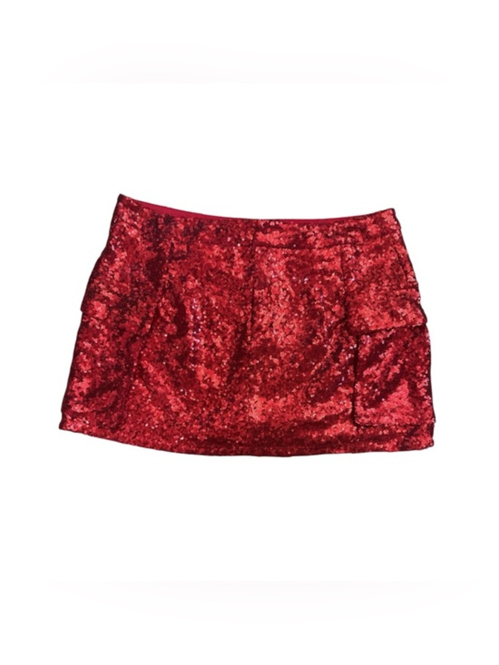 Madden NYC Red Sequin Mini Skirt with Cargo Pockets Holiday Festival Glam Outfit